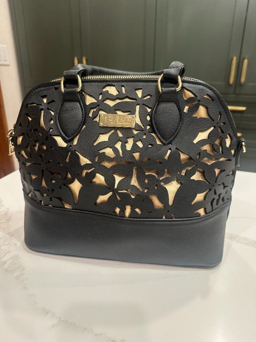 bebe Los Angeles Black Faux-Leather Bag Black Flowers and Gold Cutouts